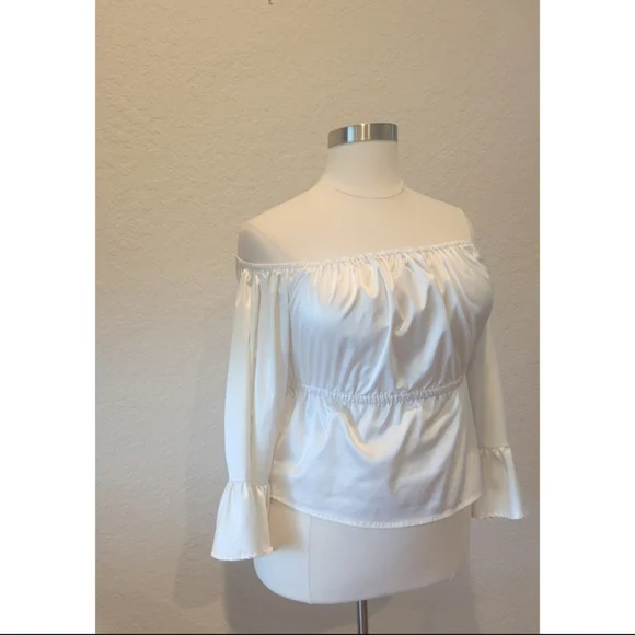 Ivory Off The Shoulder Satin Blouse - Picture 2 of 4